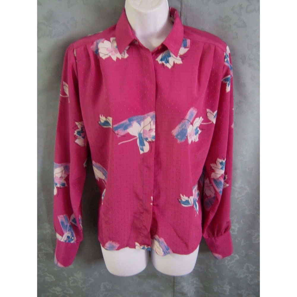 Vintage Marlis Blouse Size 6 Magenta Pink Jacquard Print Floral Career Top